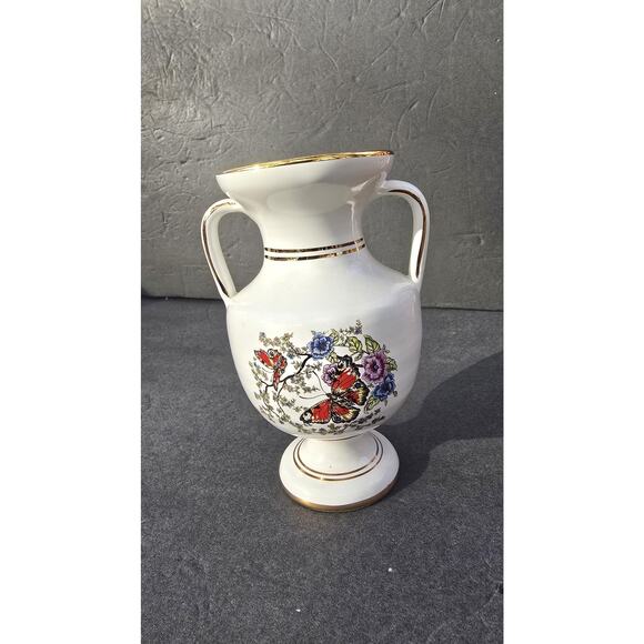 Vintage Manousakis Keramik Greek Twin Handle Vase Butterfly Floral Gold Trim - Picture 2 of 9